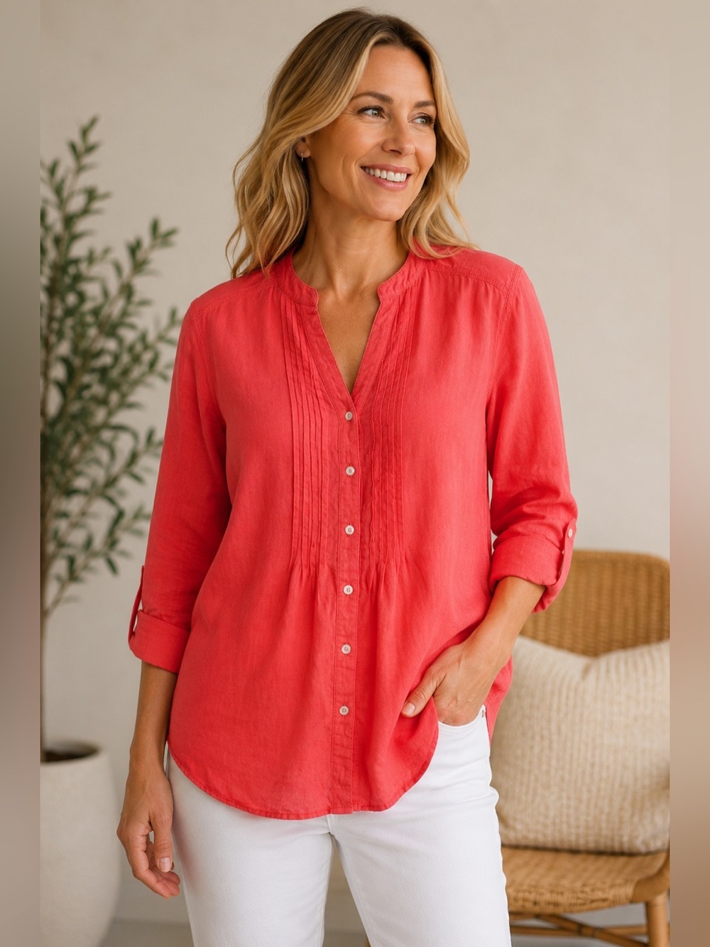 Malvin Coral Linen Button-Front Blouse